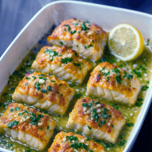Bagt torsk med citron og hvidløg serveret direkte fra ovnen i en varm pande, toppet med frisk persille og gylden citronsauce. En let og sund hverdagsret med masser af smag.