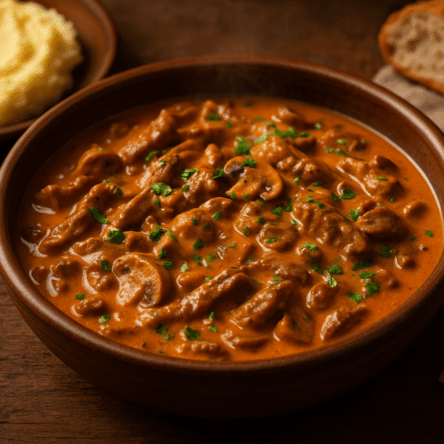 Bøf Stroganoff med kartoffelmos og brød