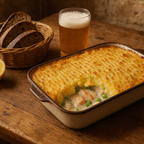 Autentisk Fish Pie som i England – cremet fyld af torsk, laks og ærter dækket af luftig kartoffelmos og gratineret til perfektion. En ægte britisk comfort food-klassiker, perfekt til kolde aftener