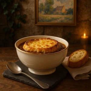 “Fransk løgsuppe med karamelliserede løg og gratineret gruyère på sprøde brød”
