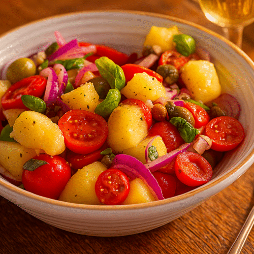 Skål med siciliansk Insalata Pantesca – kartoffelsalat med rødløg, cherrytomater, kapers og friske basilikumblade, dryppet med olivenolie. Serveret i varm sol med middelhavsstemning.