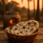 Hjemmebagte naanbrød bagt i ovn, penslet med smør og drysset med frisk koriander.