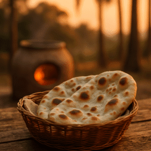 Hjemmebagte naanbrød bagt i ovn, penslet med smør og drysset med frisk koriander.
