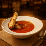 En moderne suppetallerken med cremet tomatsuppe med to rustikke stykker ristet surdejsbrød