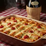 Cannelloni med ost og tomater i fad – gratineret med gylden ost, frisk basilikum og tomatsauce. Italiensk comfort food klar til servering.