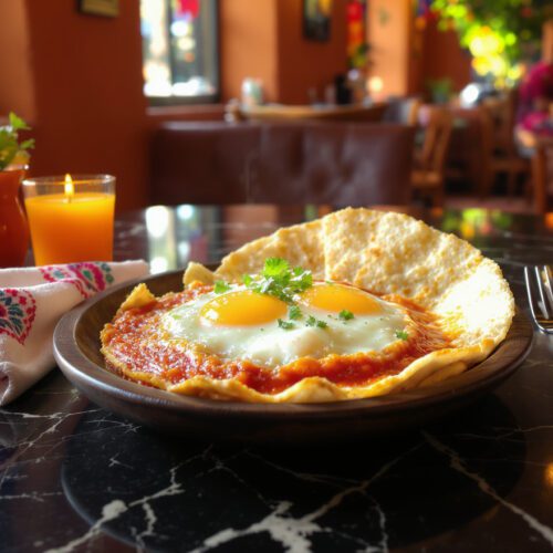 Huevos rancheros med spejlæg, avocado, salsa og koriander serveret på sprøde tortillas – mexicansk morgenmad med farverig og frisk topping.