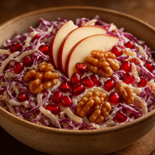 Sprød kål-æblesalat med rødkål, hvidkål, granatæble og ristede valnødder i en keramikskål