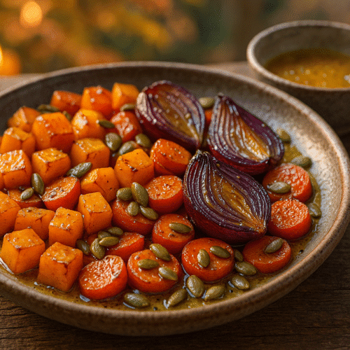 Efterårssalat med bagte rodfrugter, gulerødder, pastinak og rødløg med honning-sennepsdressing på en rustik tallerken.