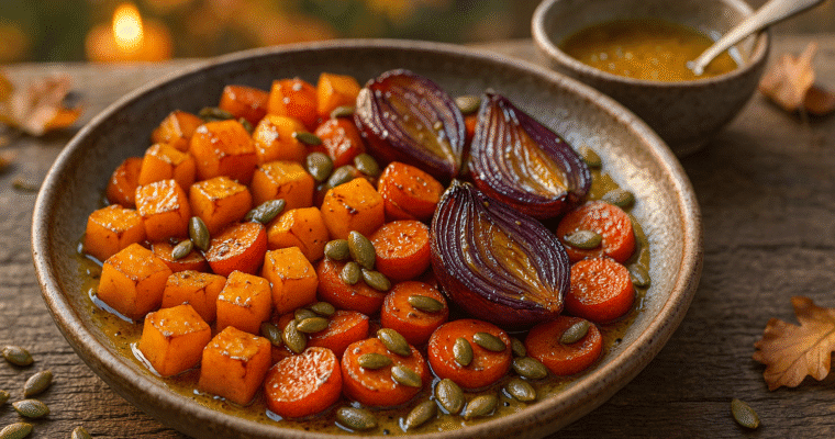 Bagte efterårsgrøntsager med honning-sennepsdressing