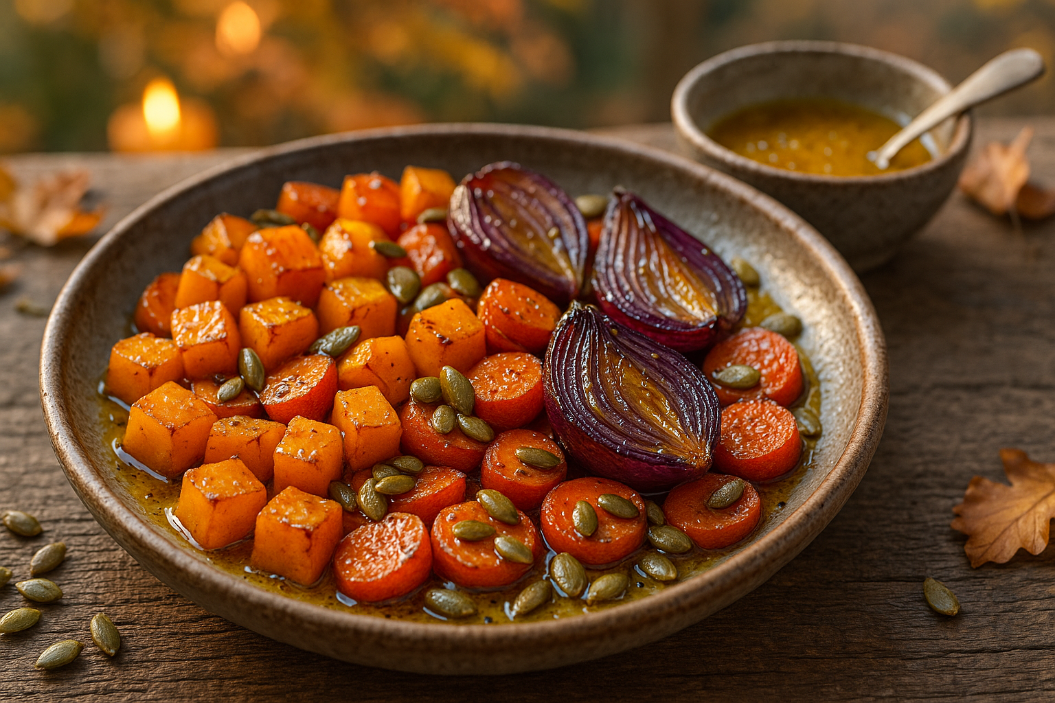 Bagte efterårsgrøntsager med honning-sennepsdressing