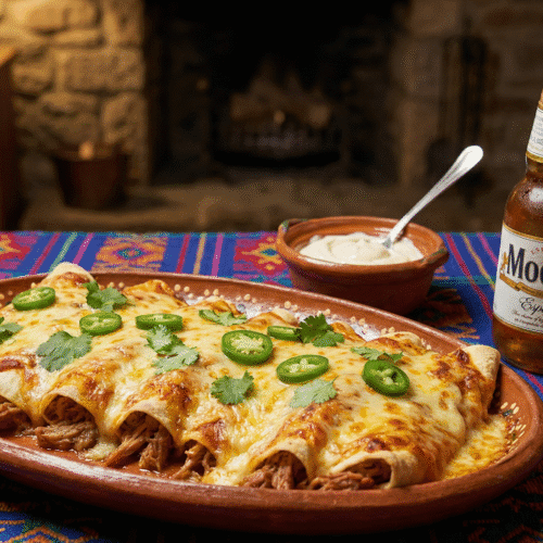 Røget pulled pork enchiladas i fad med gylden ost, frisk koriander og jalapeños.