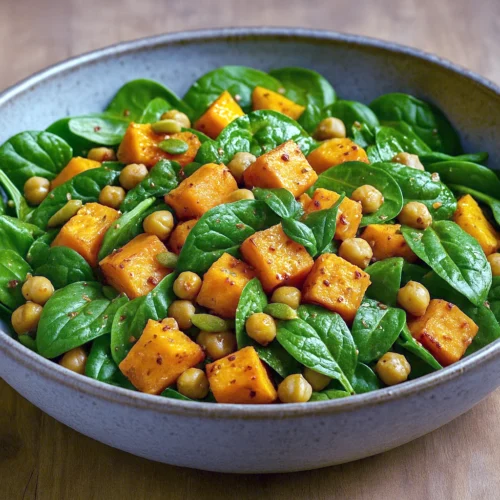 “Lun græskarsalat med bagt Hokkaido, kikærter, spinat og chili-limedressing i en stor skål.”