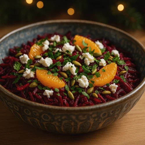 Rødbedesalat med appelsinfileter, feta og mynte på en rustik tallerken.