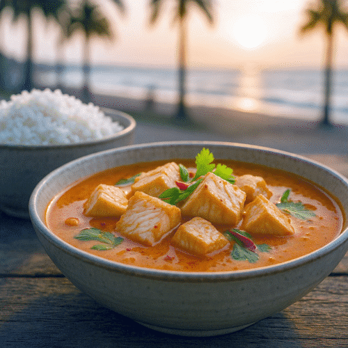 En skål thailandsk fish curry med gyldne tern af fisk i cremet kokos-karrysauce med røde og grønne grøntsager. Dampende jasminris i en lille skål ved siden af, og limebåde, frisk koriander og chili som pynt.