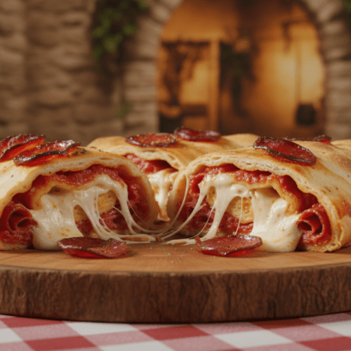 “Italiensk stromboli fyldt med salami og ost serveret med tomatsauce”