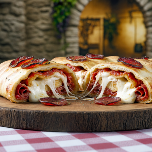 “Italiensk stromboli fyldt med salami og ost serveret med tomatsauce”