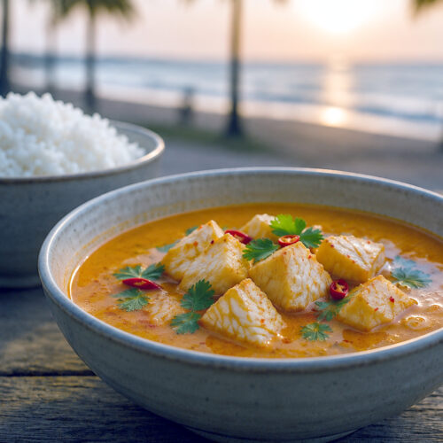 En skål thailandsk fisk i rød karrysauce med gyldne tern af fisk i cremet kokos-karrysauce med røde og grønne grøntsager.